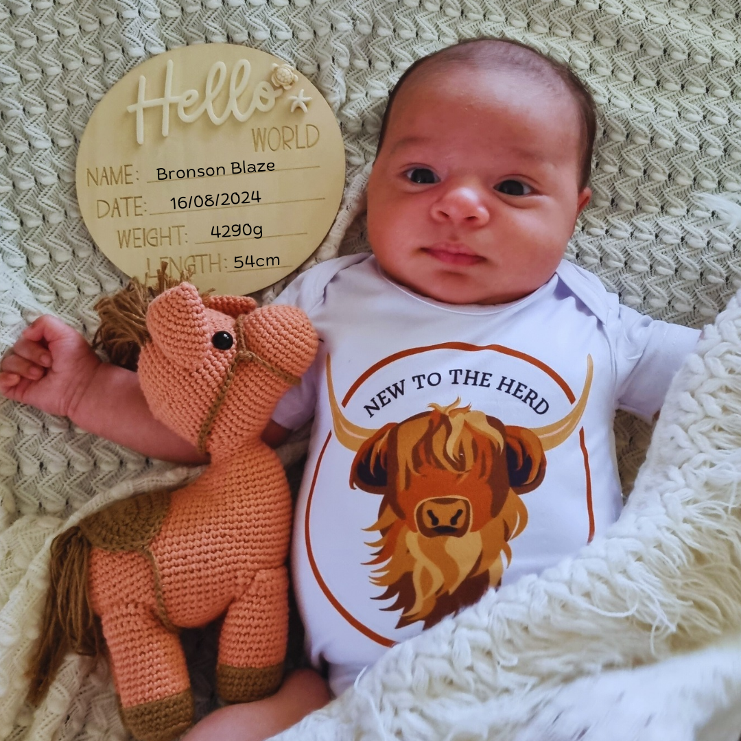 Wooden announcement disc with 'Hello World' text and a place for name, date, weight and length details.