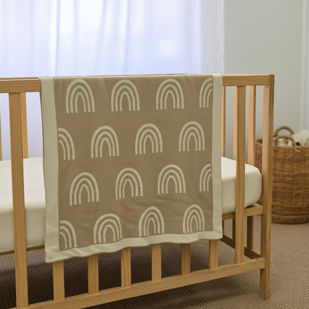 Australian Made Knitted Rainbow Blanket draped over wooden cot rail