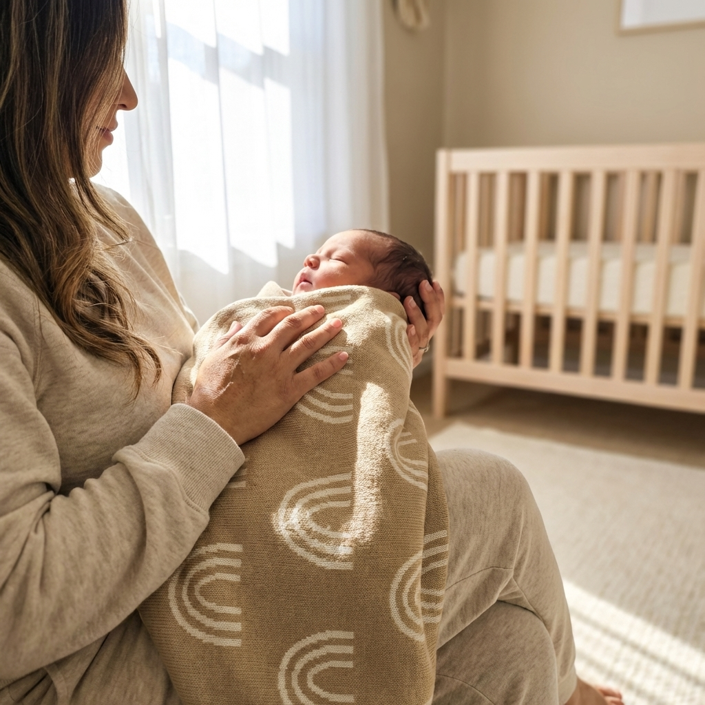 Soft knitted rainbow bassinet blanket being held, perfect newborn gift Australia