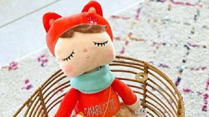 Plush toy with red outfit and hat . Fox hand bag. Blue scarf.  Personalisation available.