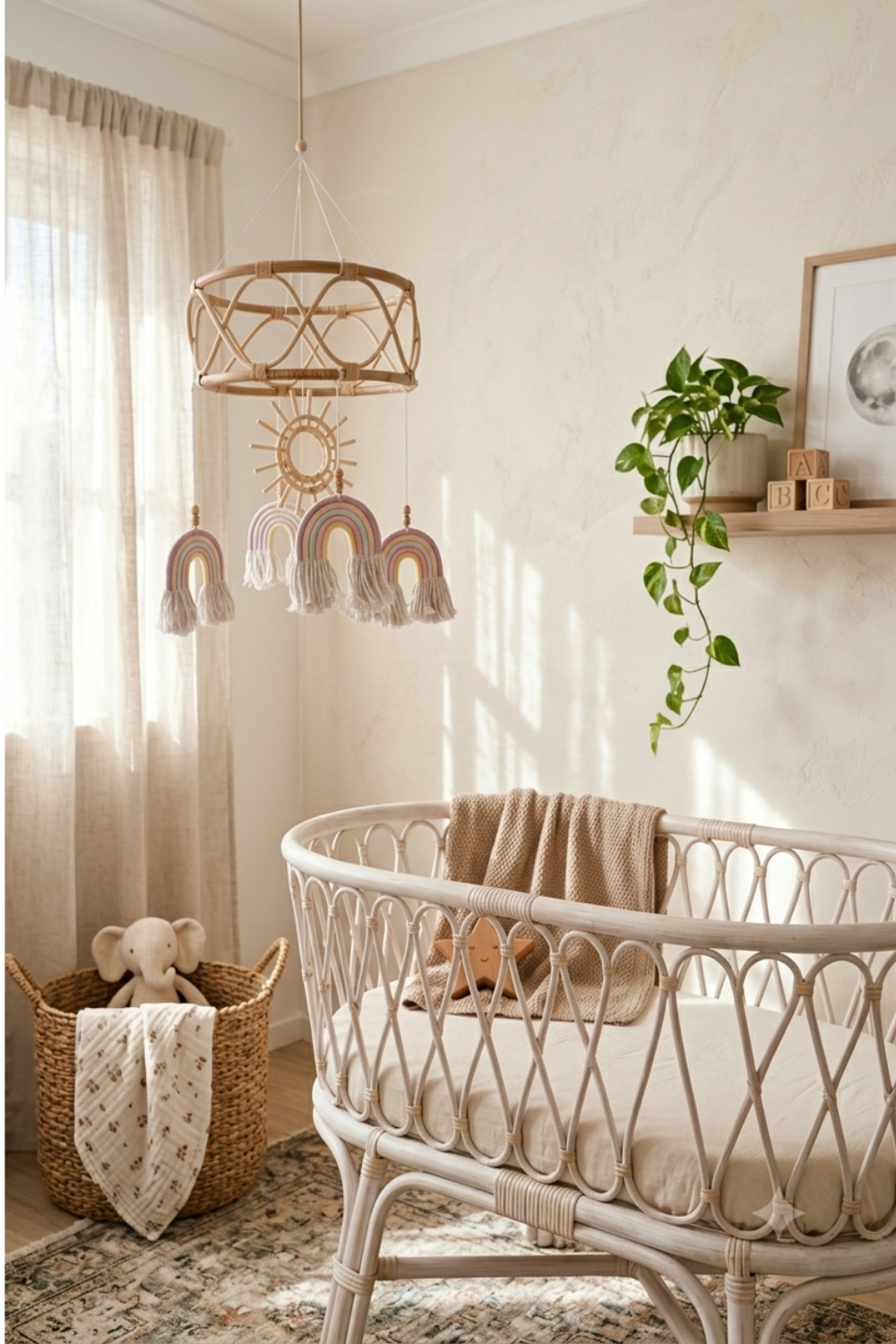 Close-up of large rattan baby mobile with pink and purple macrame rainbows and cream tassels hanging in a nursery — boho ceiling mobile Australia