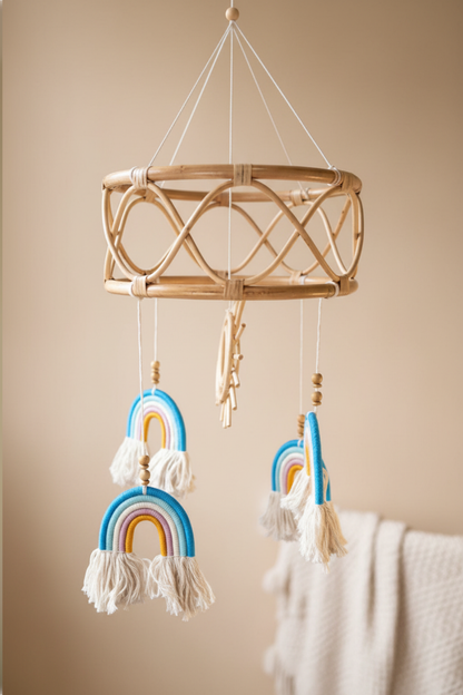Boho rattan sun and rainbow baby mobile in blue, white and orange colourway with cream tassels hanging against a warm beige wall