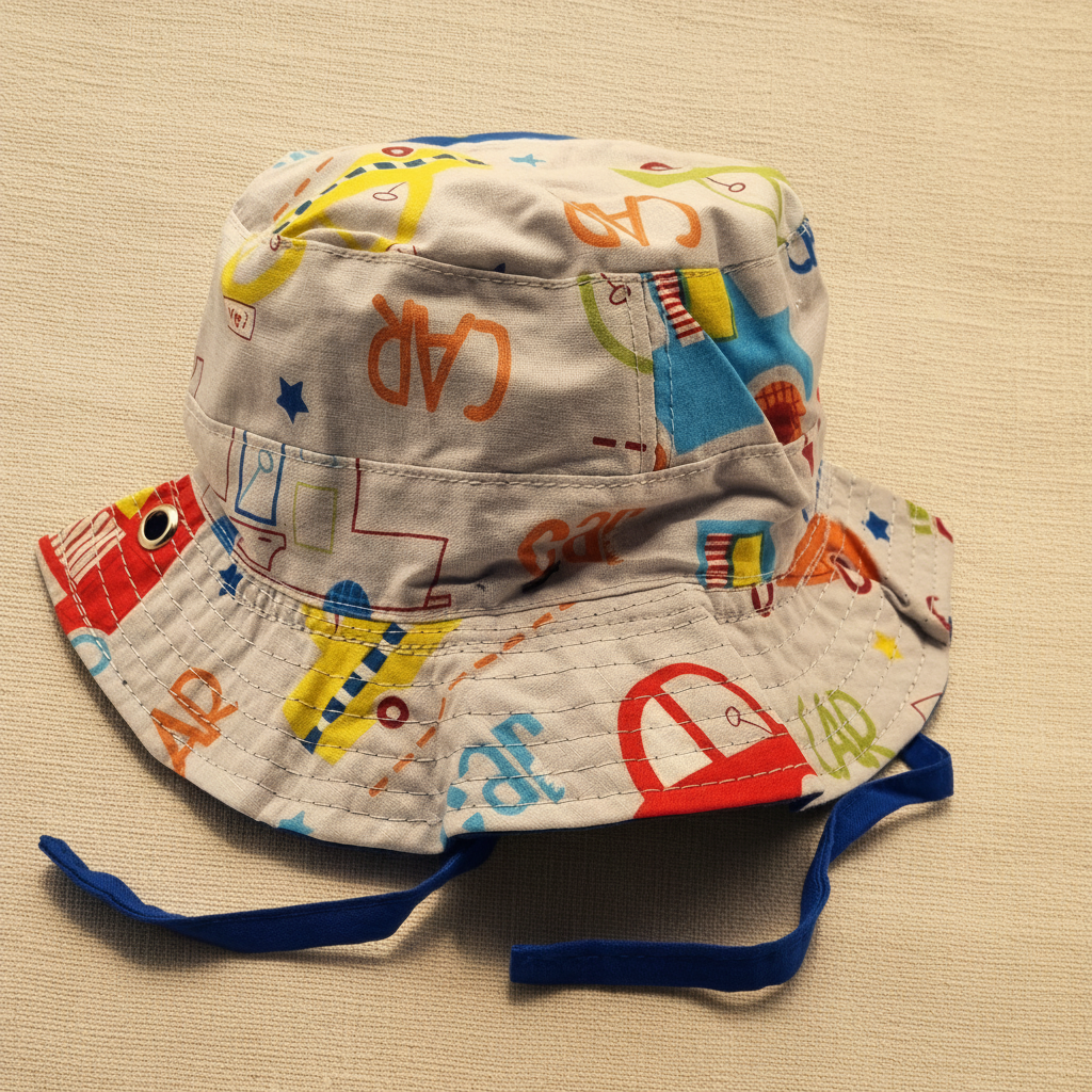 Colourful printed baby bucket hat with blue chin ties and multicolour cap print - baby sun hat Australia