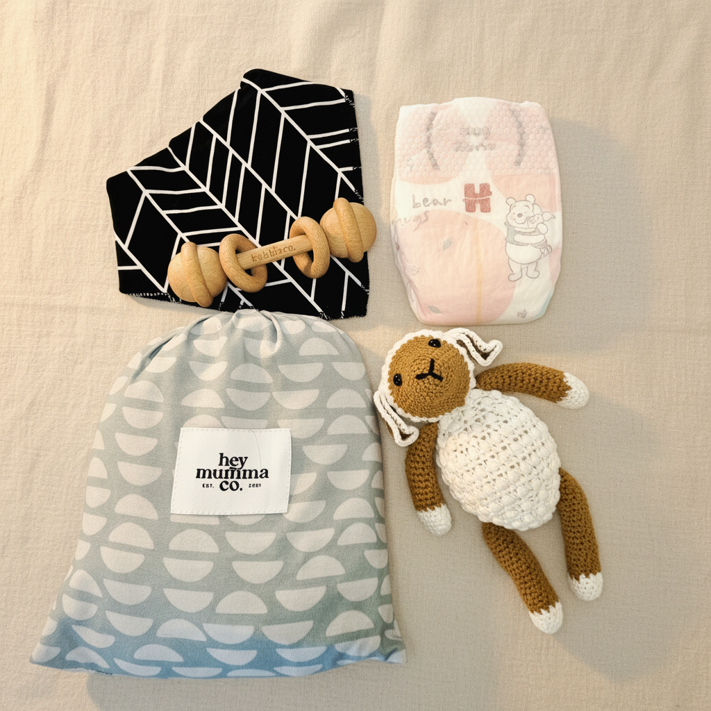 Billie newborn gift box flat lay showing Hey Mumma Co cot sheet, black and white bandana bib, Kubbi Co wooden rattle, newborn nappy and crochet sheep doll - premium baby gift Australia