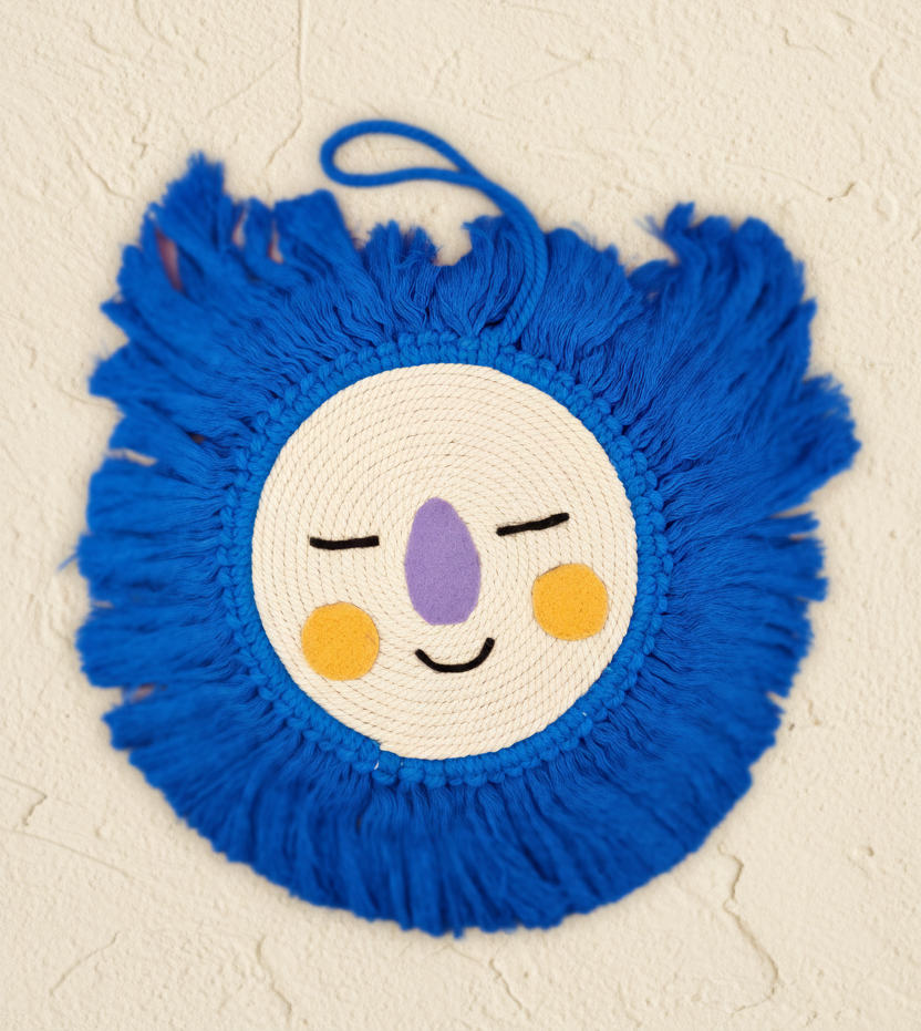Handmade blue macrame koala wall hanging with royal blue fringe mane - boho baby boy nursery decor Australia