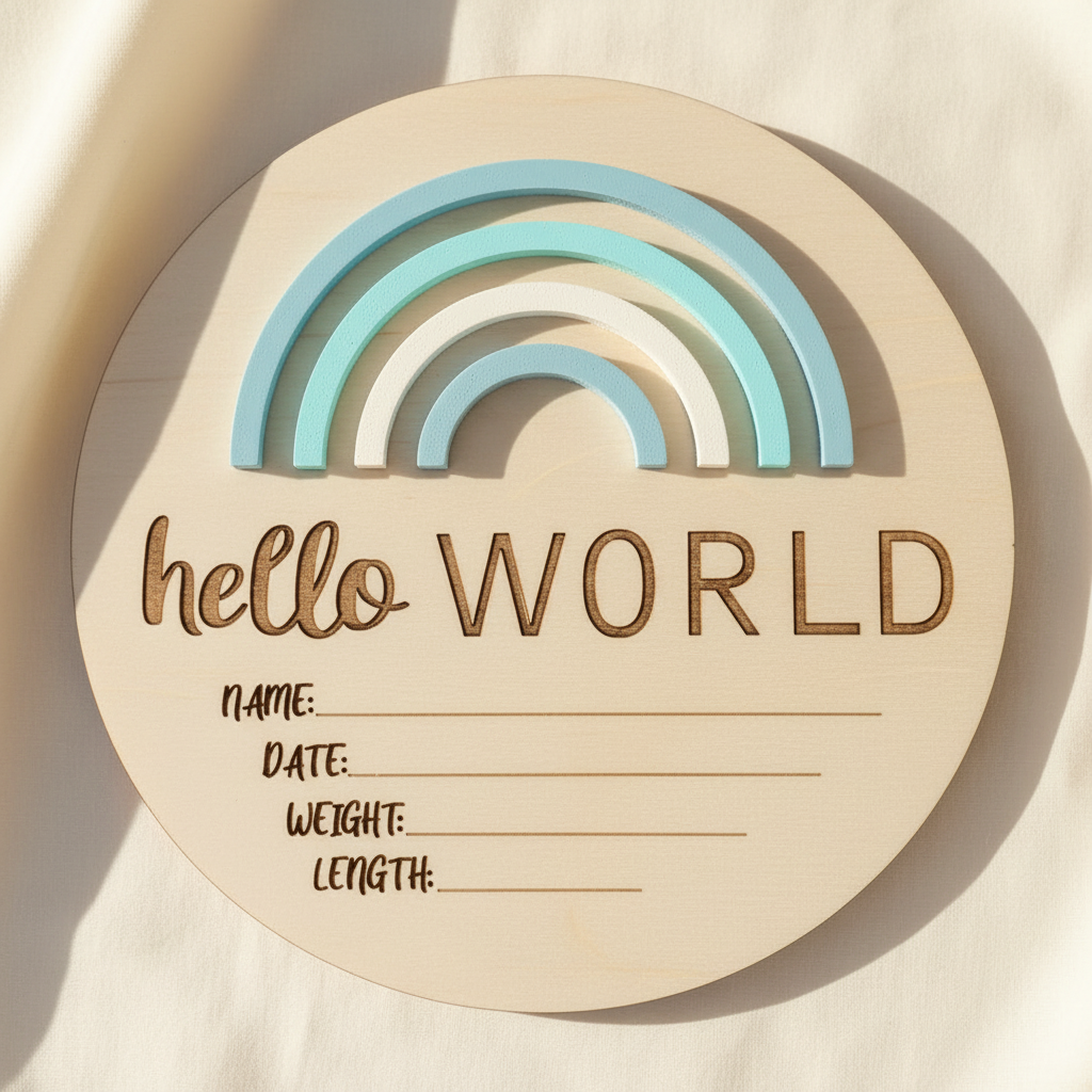 "Rainbow announcement disc, a beautiful wooden newborn baby keepsake and birth announcement gift Australia."

