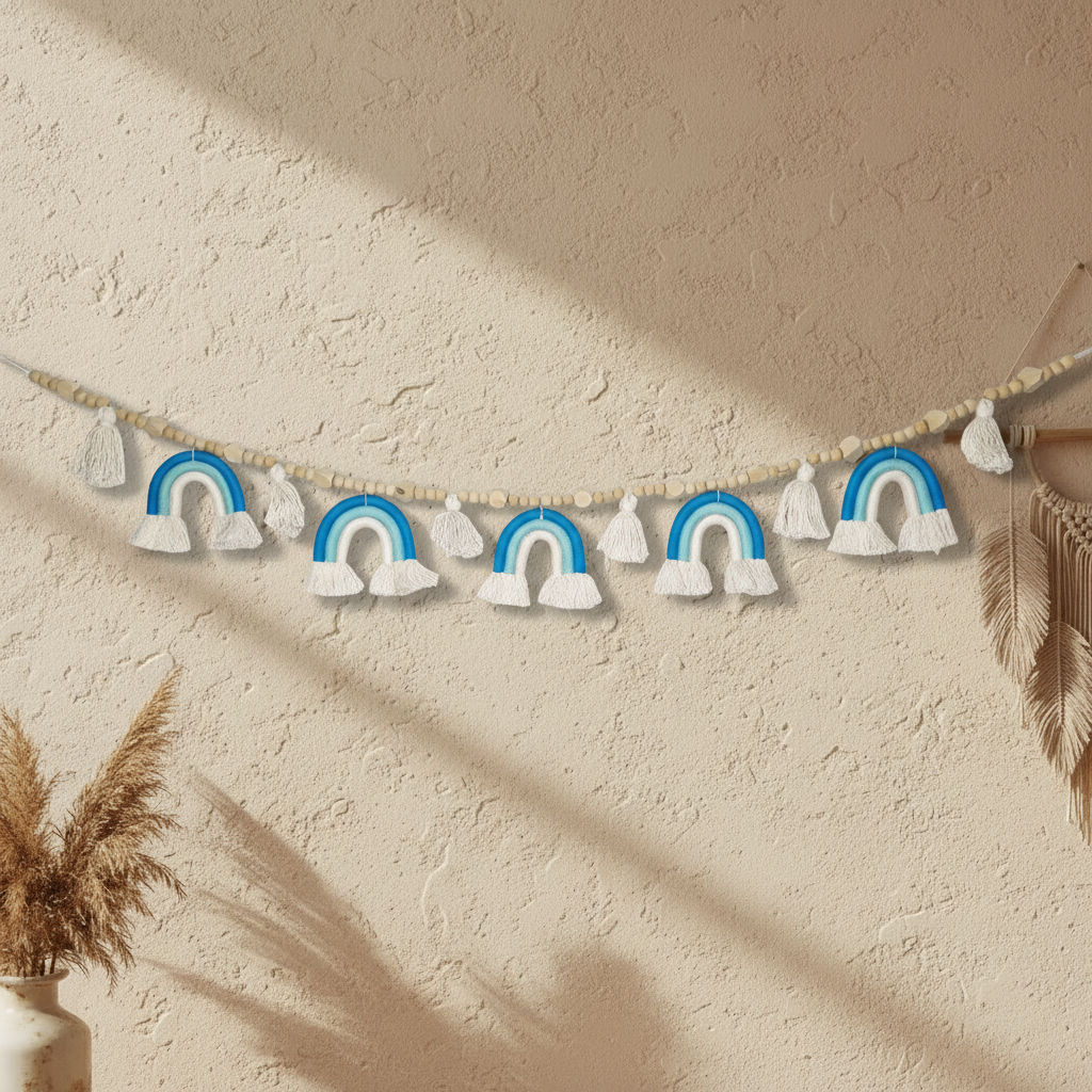 Blue and white macrame rainbow garland with wooden beads and cream tassels - boho baby boy nursery decor Australia