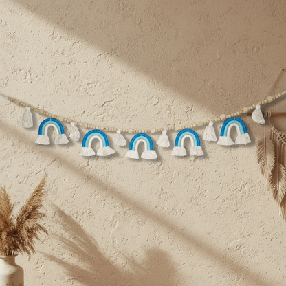 Blue and white macrame rainbow garland with wooden beads and cream tassels - boho baby boy nursery decor Australia