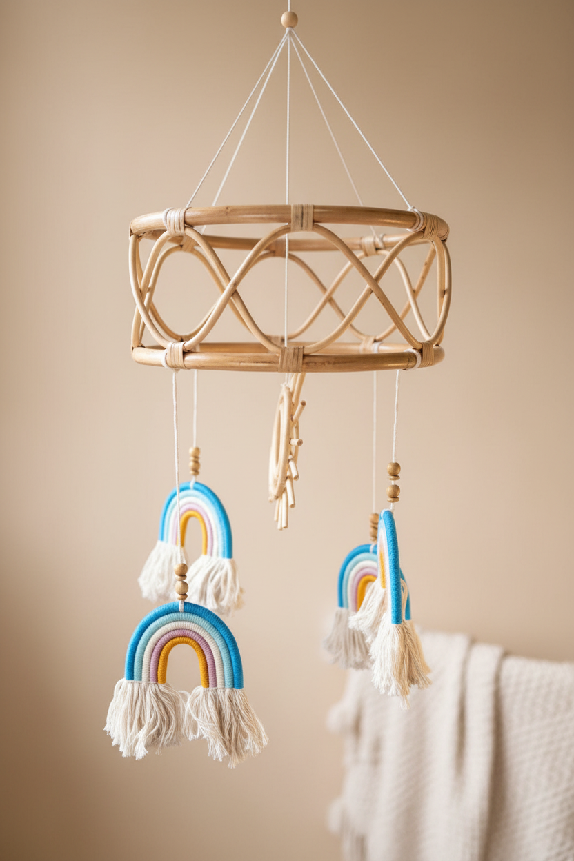 Large handmade rattan baby mobile pink and purple macrame rainbows, boho nursery decor and baby gift Australia.