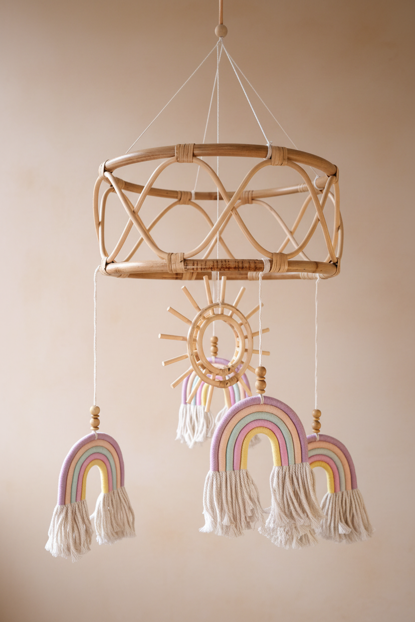 Large handmade rattan baby mobile pink and purple macrame rainbows, boho nursery decor and baby gift Australia.