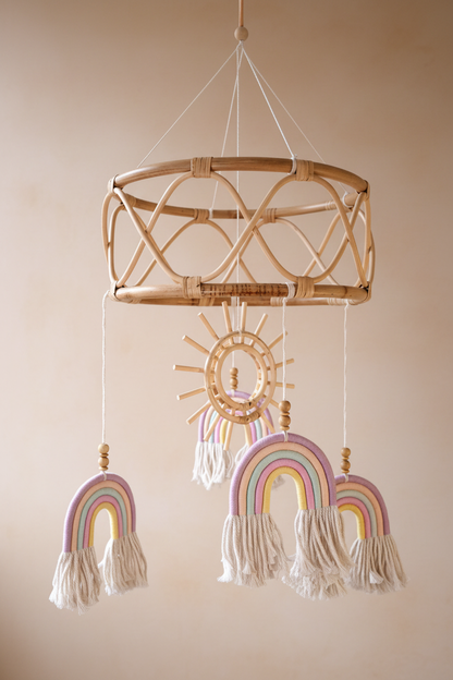 Large handmade rattan baby mobile pink and purple macrame rainbows, boho nursery decor and baby gift Australia.