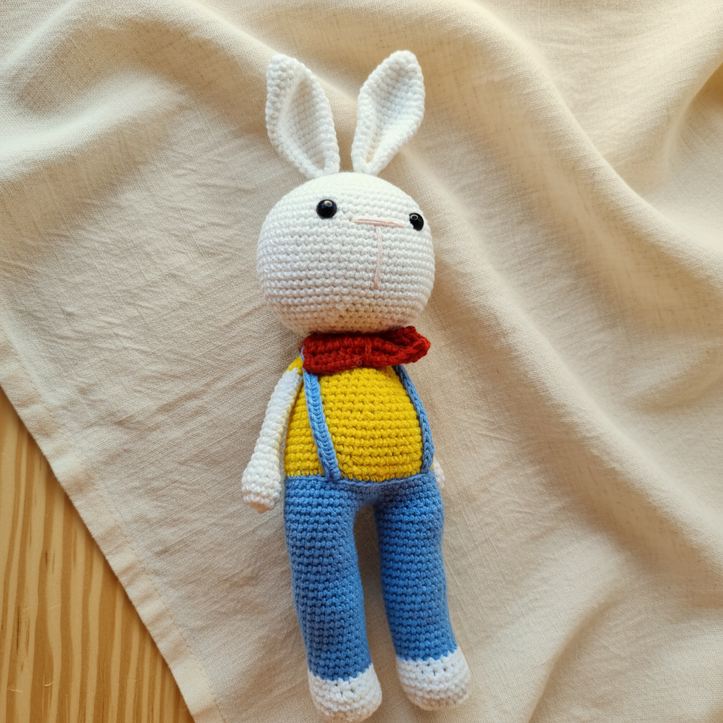 hite crochet bunny doll with yellow top, blue overalls and red tie - handmade baby gift Australia
👟 Giraffe shoes: