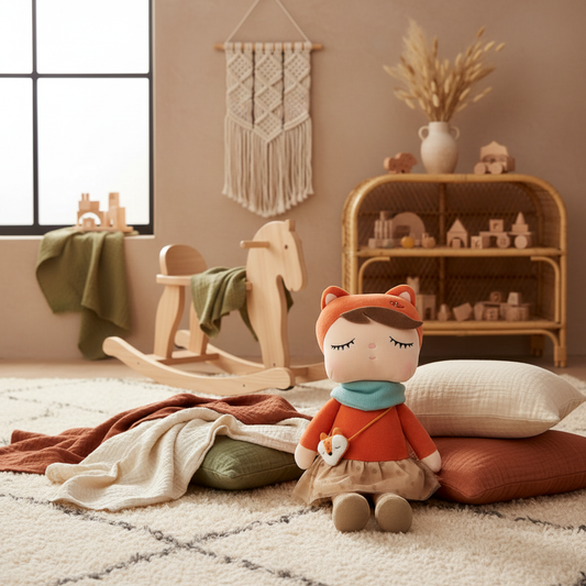 Charlotte plush fox doll in boho nursery setting — premium baby gift Australia Boho Lifestyle