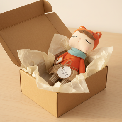 Charlotte plush fox doll beautifully gift wrapped — premium baby shower present, Australian small business