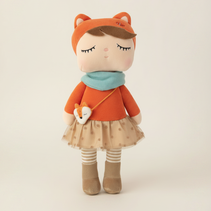 Charlotte plush fox doll on white background — soft baby toy and unique baby shower gift Australia