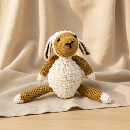 Handmade crochet lamb soft toy in mustard gold and white - boho baby boy gift Australia