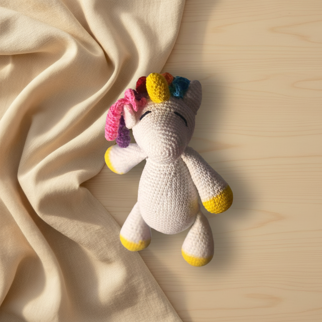 Handmade crochet unicorn soft toy with rainbow mane - boho baby girl gift Australia