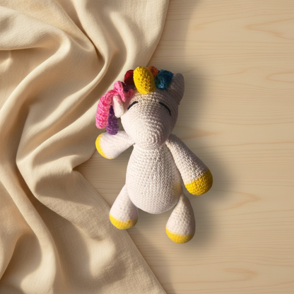 Handmade crochet unicorn soft toy with rainbow mane - boho baby girl gift Australia