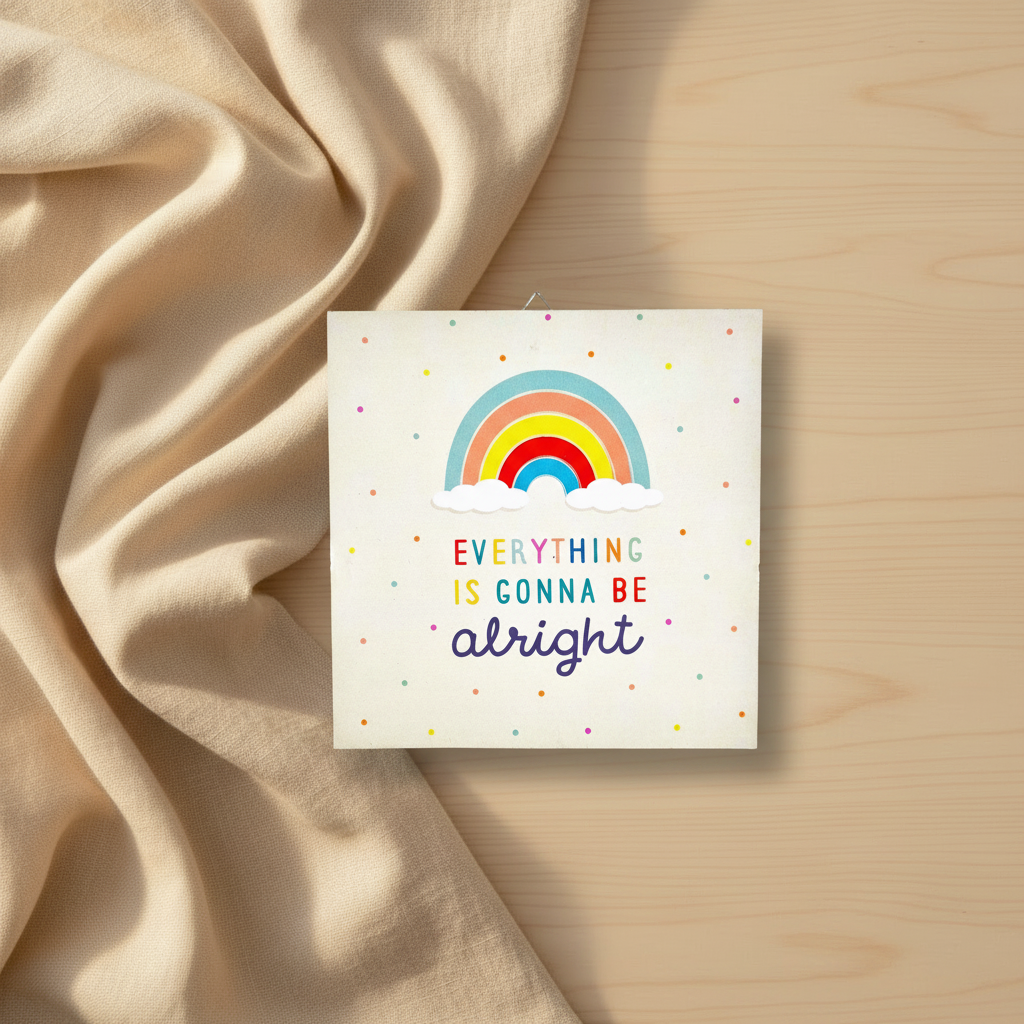 Everything Is Gonna Be Alright rainbow wooden plaque — boho nursery wall art, 15cm square, baby girl gift Australia