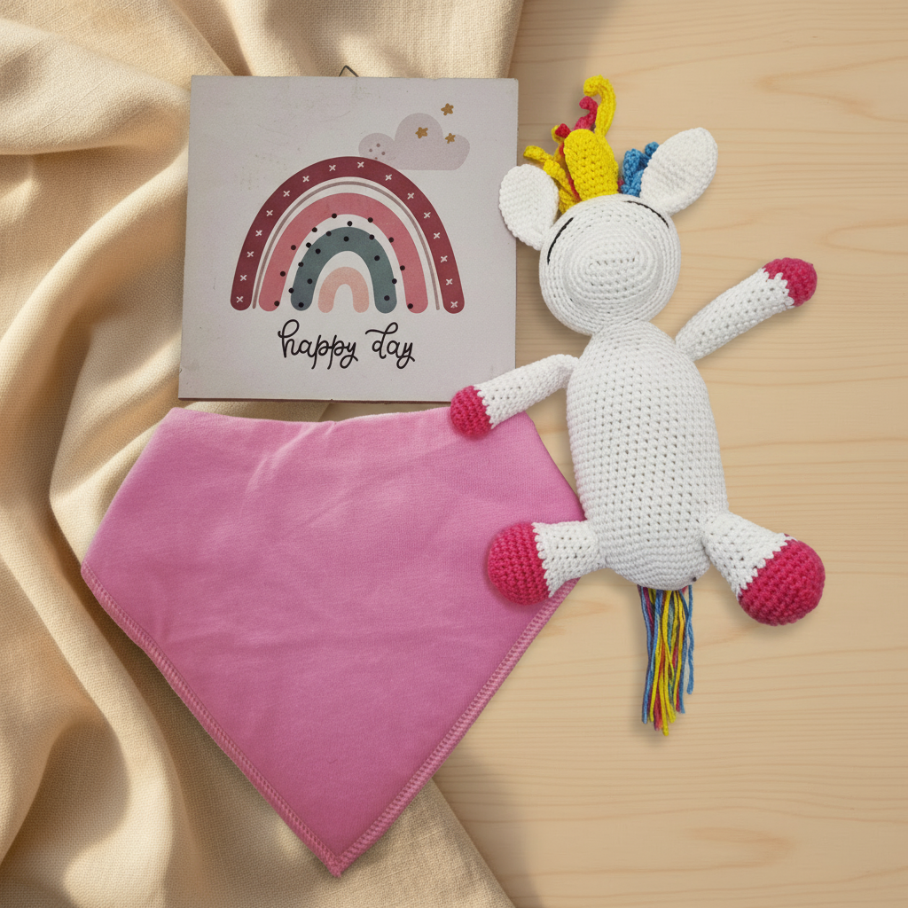 Boho baby girl gift set flat lay - crochet unicorn, pink bandana bib and rainbow happy day plaque - handmade baby gift Australia