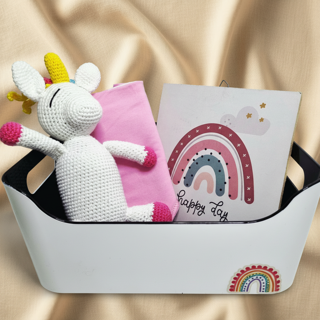 Harper Baby Girl Gift Box - crochet unicorn toy, pink bandana bib and rainbow happy day wall plaque - handmade baby girl gift Australia