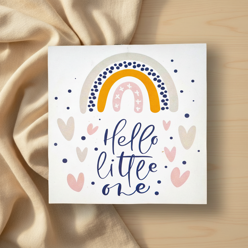 Hello Little One rainbow wooden plaque — boho nursery wall art, 15cm square, newborn baby gift Australia
