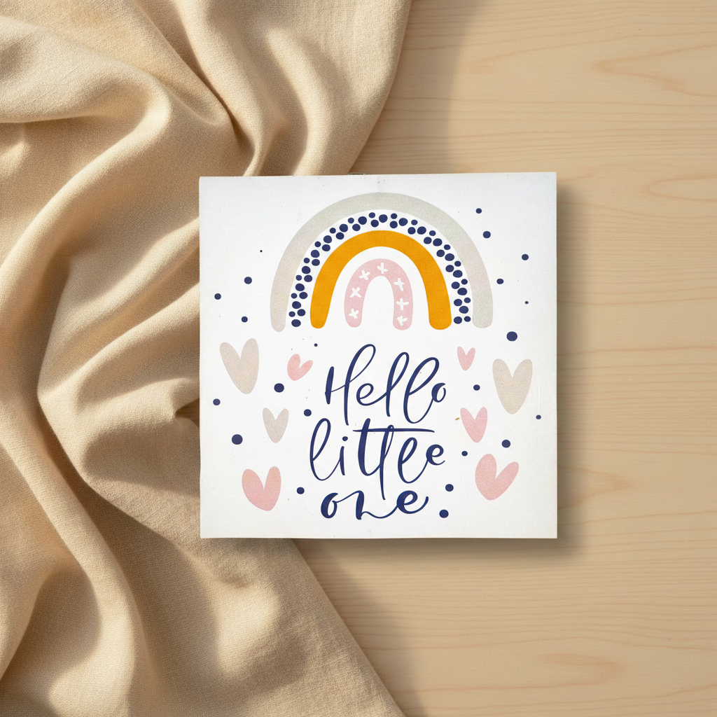 Hello Little One wooden wall plaque with boho rainbow, navy hearts and dots - handmade nursery decor Australia
