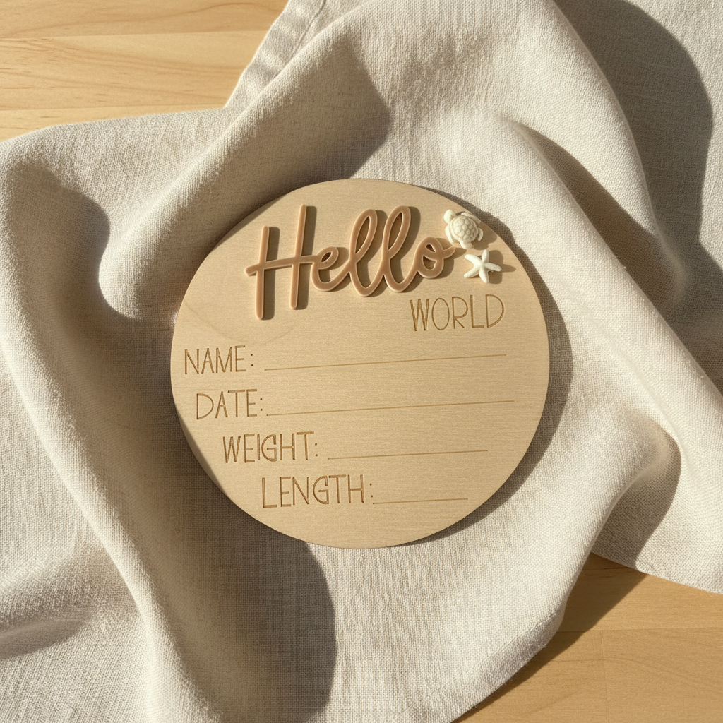 Hello World wooden birth announcement disc with name date weight and length fields - newborn keepsake Australia