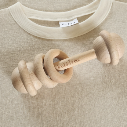 Kubbi & Co natural timber wooden baby rattle with ring - premium newborn gift Australia
