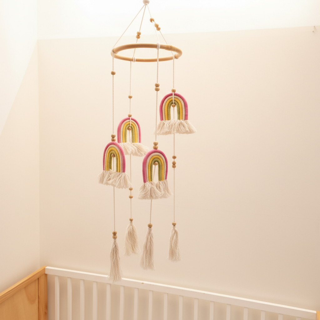 Boho Long Macrame Rainbow Baby Mobile - Handcrafted Nursery Decor