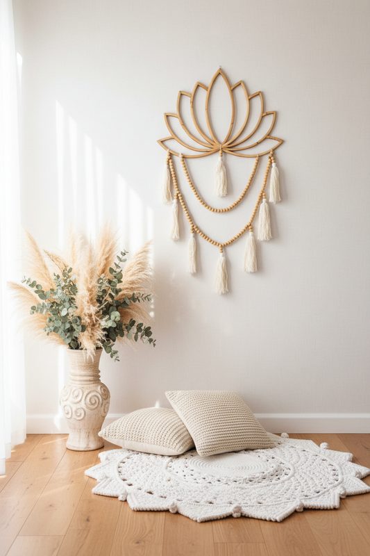 Boho macrame circular mat styled on timber floors with cream cushions, pampas grass arrangement and lotus wall art — boho nursery and home decor rug Australia
