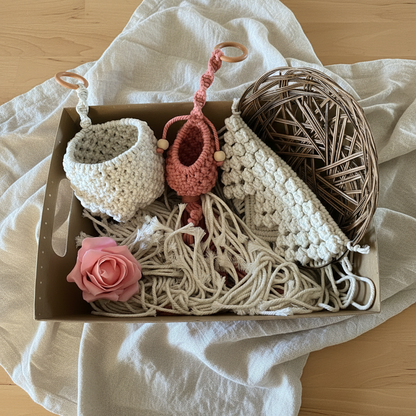 Macrame Lovers Gift Box flat lay showing cream macrame basket hanger, pink pod hanger, cream pot hanger and rattan ball with pink rose - handmade boho gift Australia