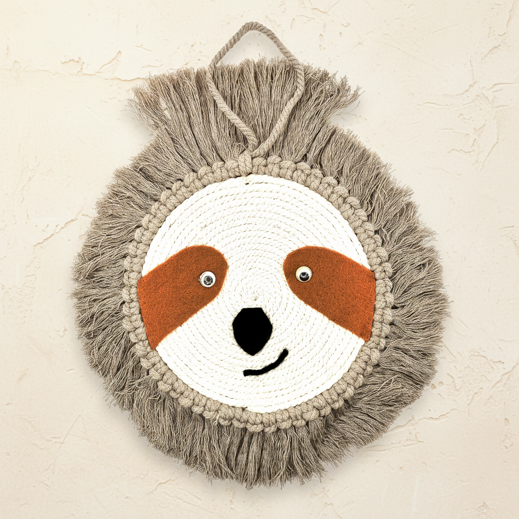 Handmade macrame sloth face wall hanging with grey fringe - boho baby boy nursery decor Australia