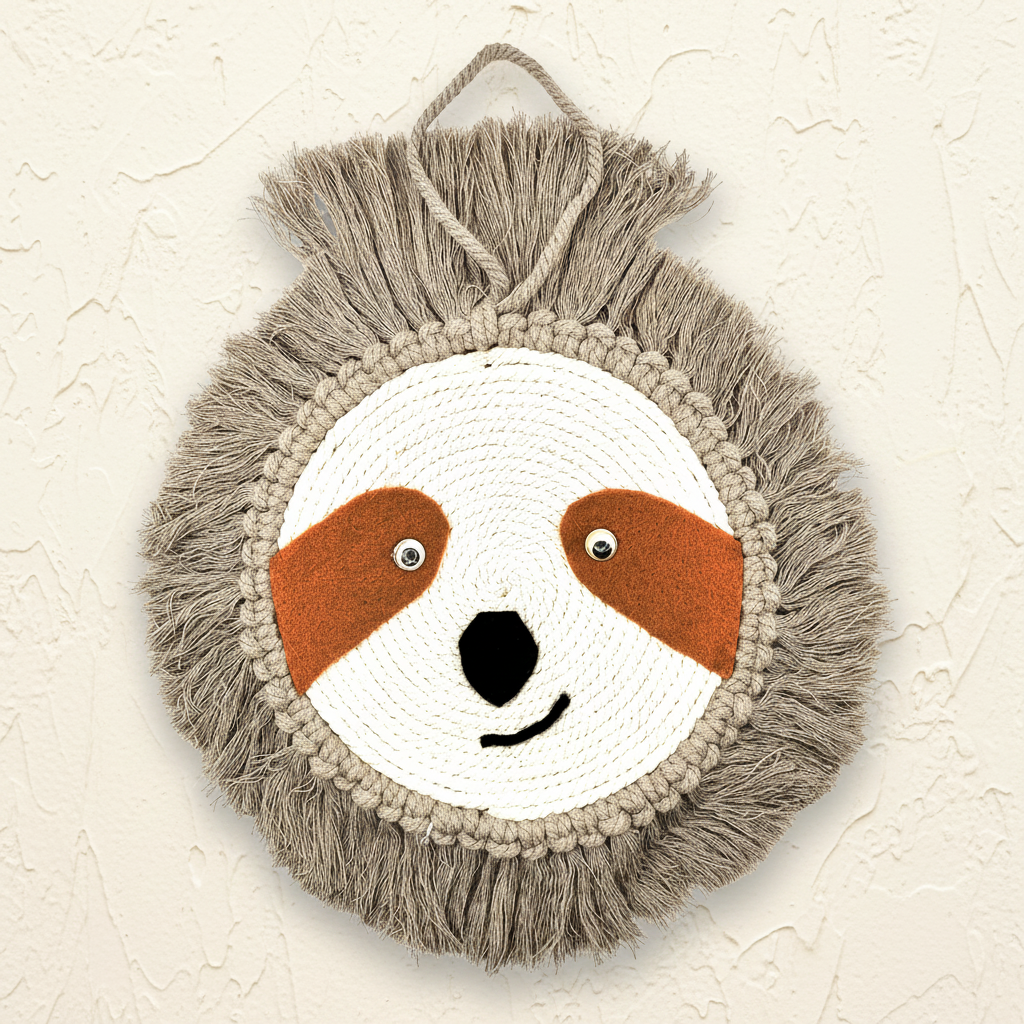 Handmade macrame sloth wall hanging with grey fringe mane - boho baby boy nursery decor Australia