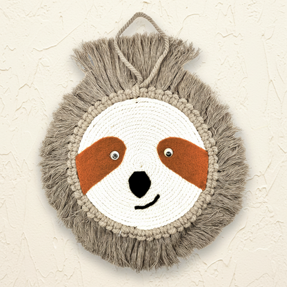 Handmade macrame sloth wall hanging with grey fringe mane - boho baby boy nursery decor Australia