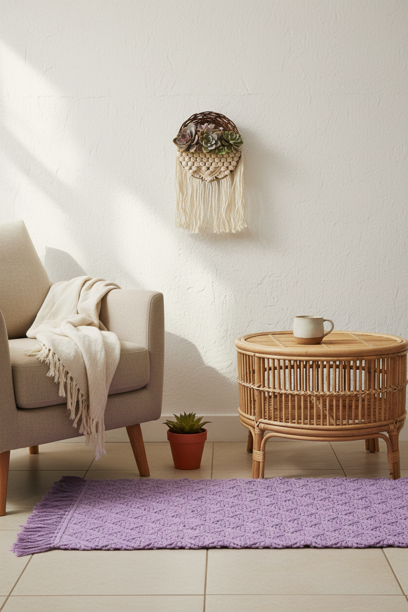 Macrame rectangle mat in soft lavender with fringe edge on a light tiled floor beside timber furniture — boho home decor rug Australia