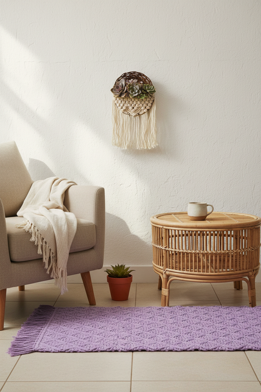 Macrame rectangle mat in soft lavender with fringe edge on a light tiled floor beside timber furniture — boho home decor rug Australia