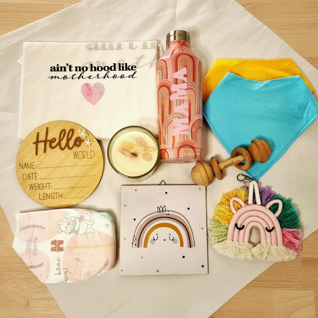 Mama New Mum Gift Box flat lay showing all items on linen and timber background - baby shower gift Australia