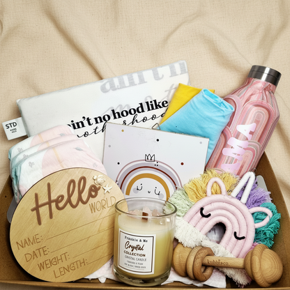 Mama New Mum Gift Box with MAMA water bottle, bibs, pillowcase, Hello World disc, rainbow plaque, unicorn keyring, teether and candle - new mum gift Australia