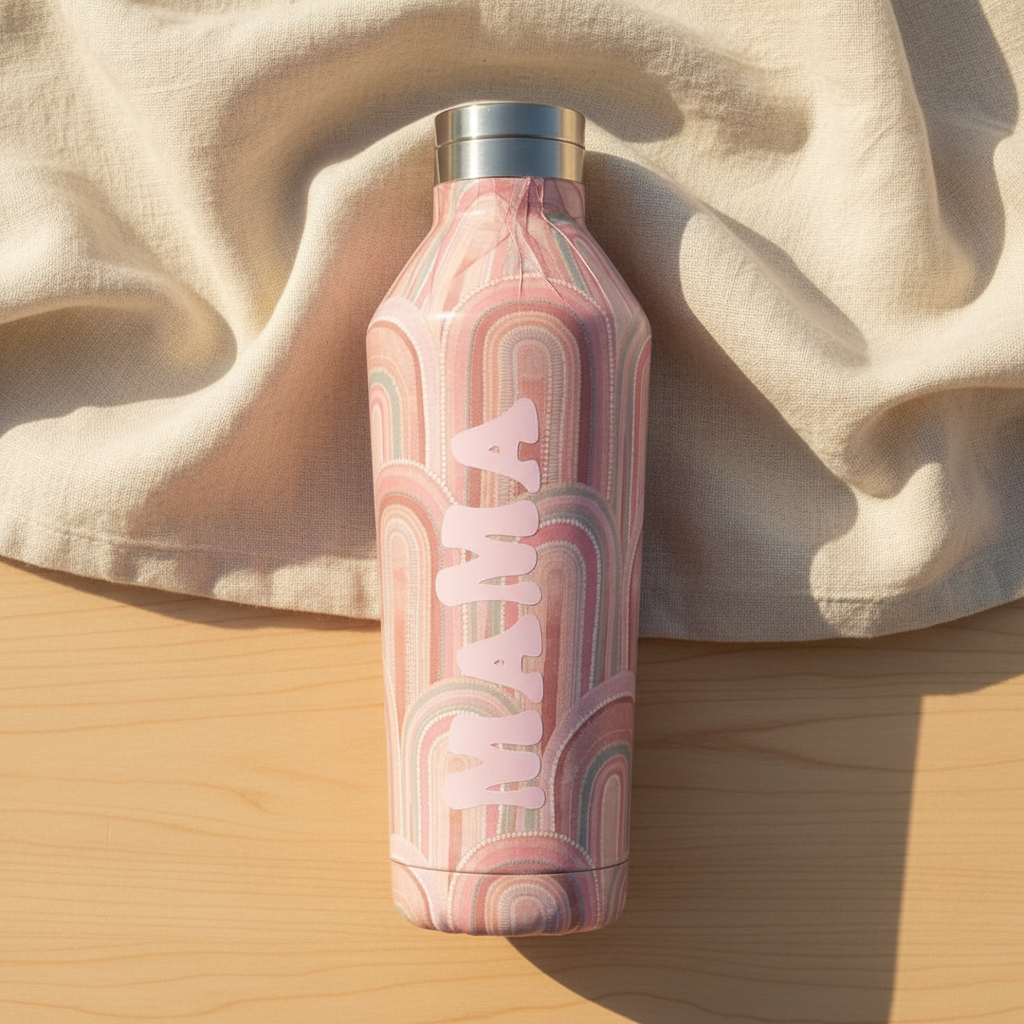 Desert Daisies MAMA stainless steel water bottle 500ml pink rainbow design - personalised new mum gift Australia