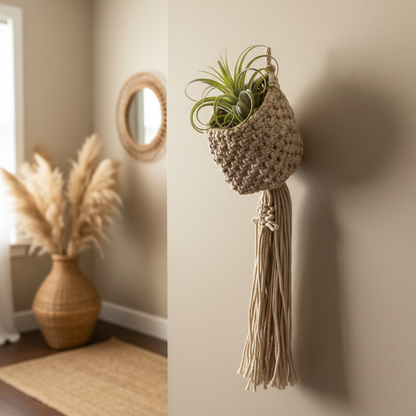 Medium macrame pod hanger from boho gift set — natural cotton wall planter