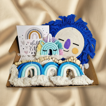Noah Baby Boy Gift Box open showing blue macrame lion wall hanging, blue rainbow garland, teal unicorn keychain and Hello Little One plaque - handmade baby boy gift Australia