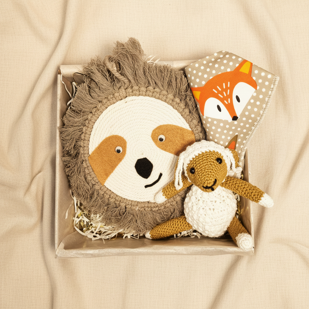 Oliver Baby Boy Gift Box open showing macrame sloth wall hanging, crochet lamb soft toy and fox bandana bib - handmade baby boy gift Australia