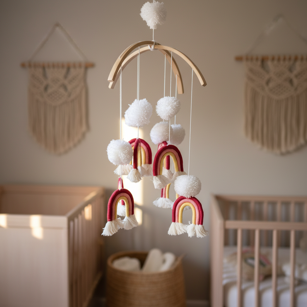 Handmade pom pom rainbow mobile, a colourful boho nursery decor piece and baby gift Australia.