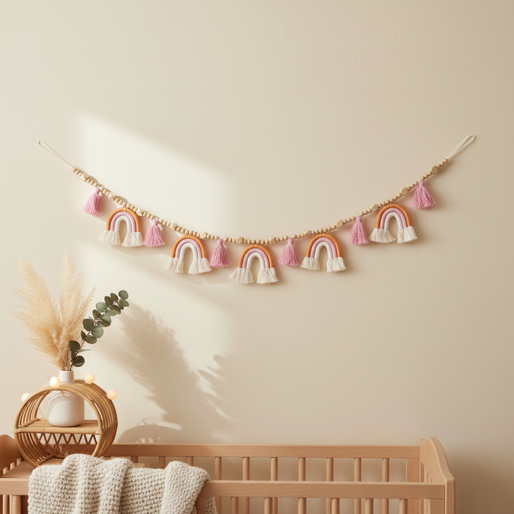 Pink and cream macrame rainbow bunting garland with wooden beads — boho nursery wall decoration, baby girl gift Australia