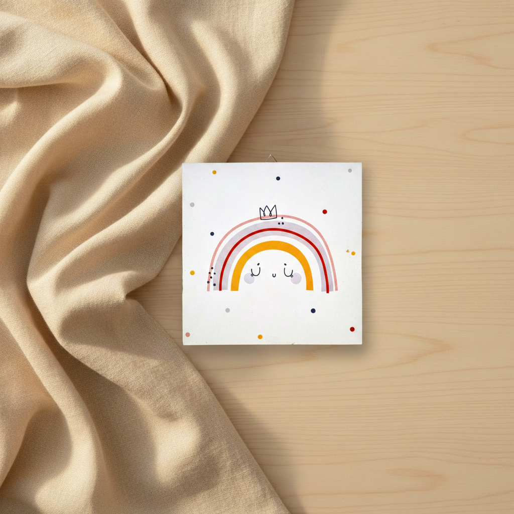 Rainbow wooden plaque with crown — boho nursery wall art, 15cm square, baby girl gift Australia