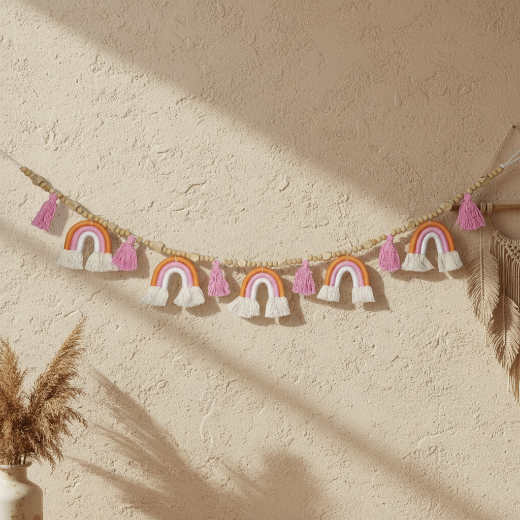 Boho macrame rainbow garland with orange and pink rainbows, cream tassels and wooden beads - handmade nursery decor Australia