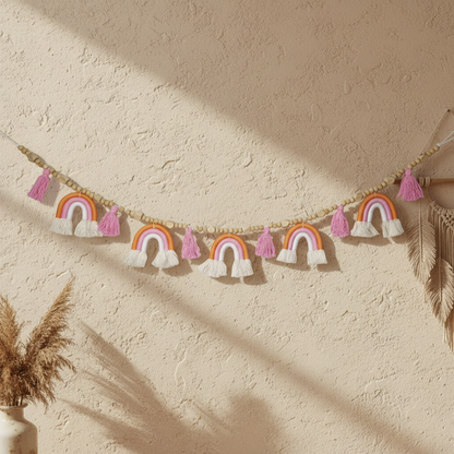 Boho macrame rainbow garland with orange and pink rainbows, cream tassels and wooden beads - handmade nursery decor Australia
