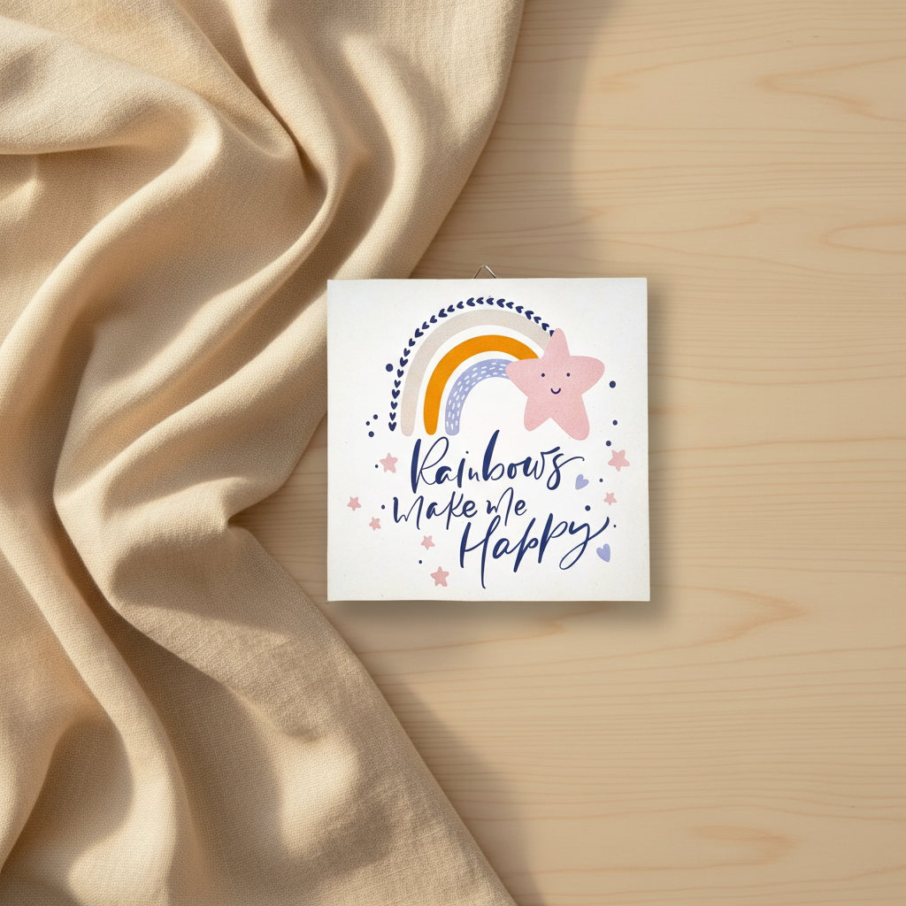 Rainbows Make Me Happy wooden plaque — boho nursery wall art, 15cm square, baby girl gift Australia