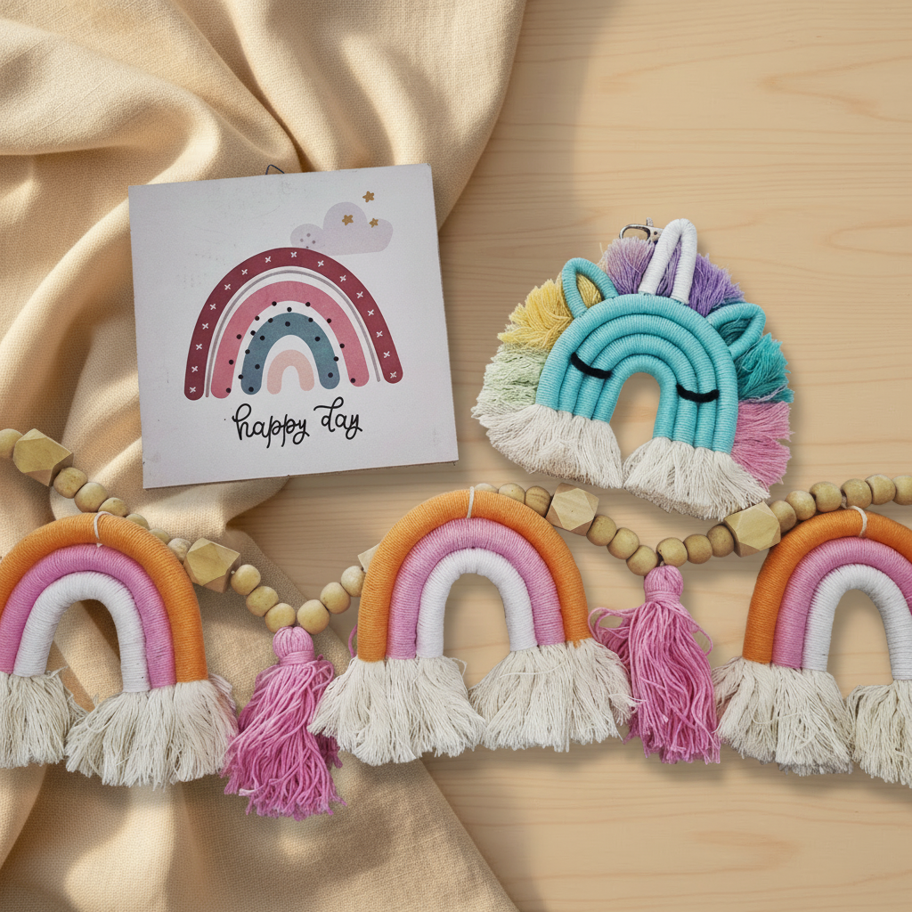 Boho baby girl gift set flat lay - happy day rainbow plaque, teal macrame unicorn keychain and rainbow garland - handmade nursery gift Australia